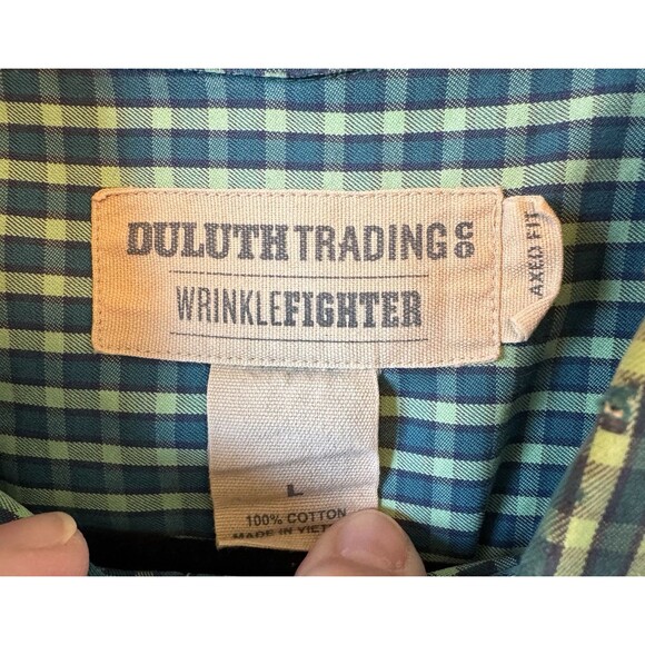 Duluth‎ Trading Shirt L Wrinkle Fighter Untucked Long Sleeve Button Green Plaid - Picture 6 of 11